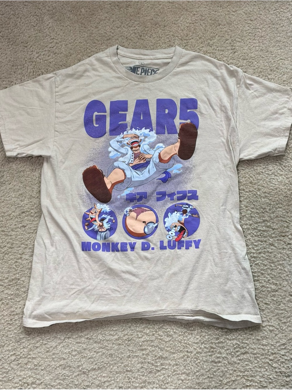 Onepiece White Graphic Tee with Purple and Blue Print - Monkey D. Luffy Gear 5